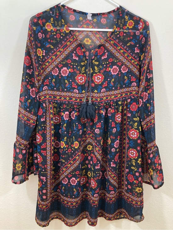 Xhilaration Tops - Xhilaration Multicolor Floral Boho Tunic with Tassel Ties Size S